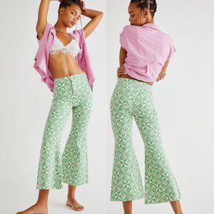 Free People Youthquake Printed Crop Flare Jeans in Green